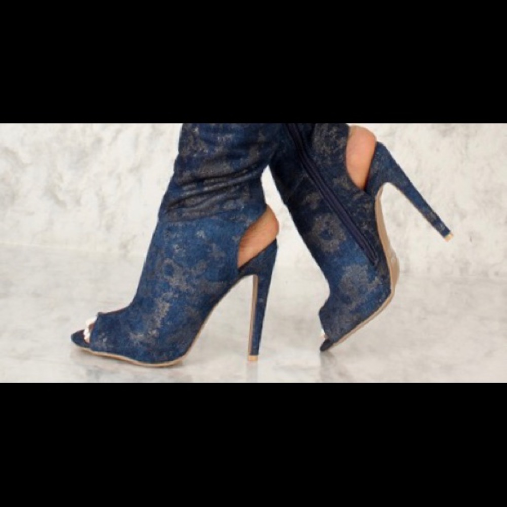 Blue Gold Shimmer Peep Toe Thigh High Heel Boots